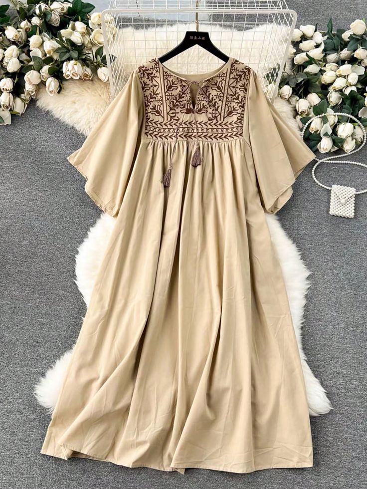 Elegant Beige Embroidered Kaftan Dress Light brown cream