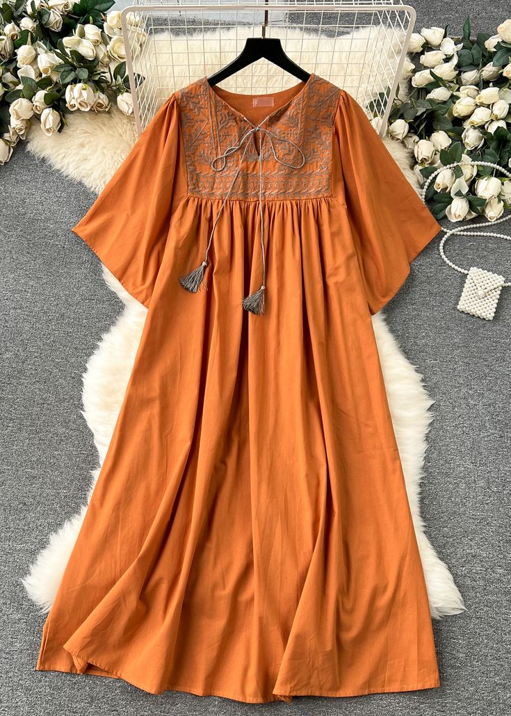 Rust Mustard Embroidered Kaftan Dress